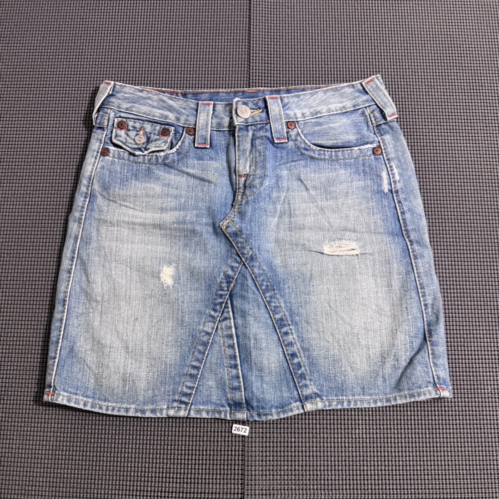 True Religion Joey Light Wash Distressed Denim Mini Skirt Size 27